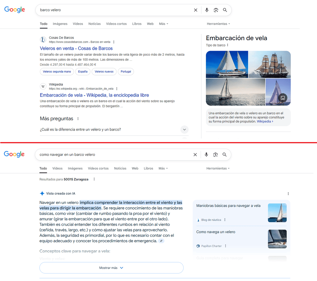 Búsqueda con AI Overviews vs Búsqueda sin AI Overviews