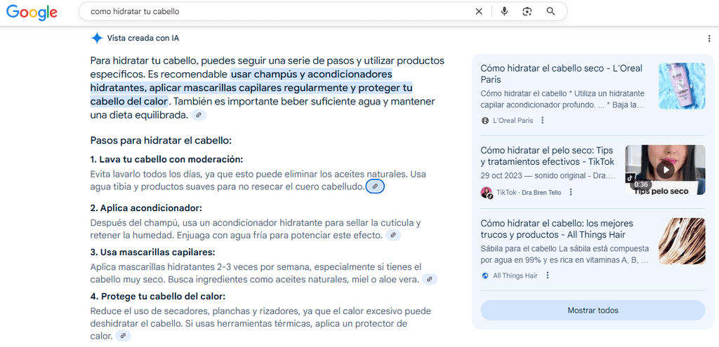 Ejemplo de Google AI Overviews con enumeraciones