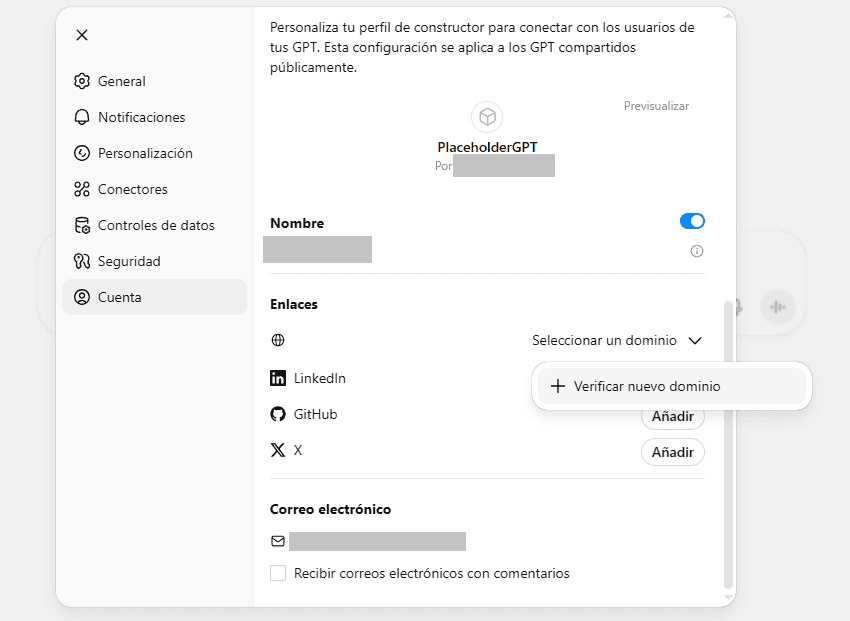 Registro de dominio en ChatGPT: opciones de personalización de cuenta