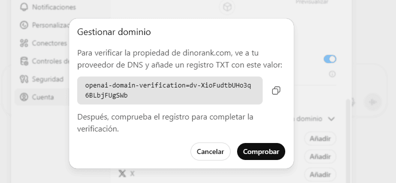Registro de dominio en ChatGPT: código de verificación