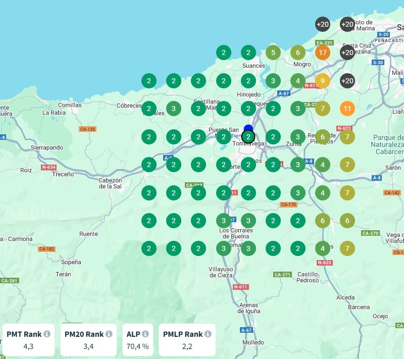 Mapa de GeoGrid en SEO Local: ejemplo 2. Optimizando para una zona de servicio más amplia