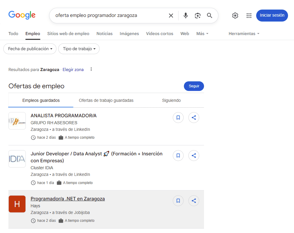 Resultados enriquecidos para datos estructurados de Ofertas de empleo