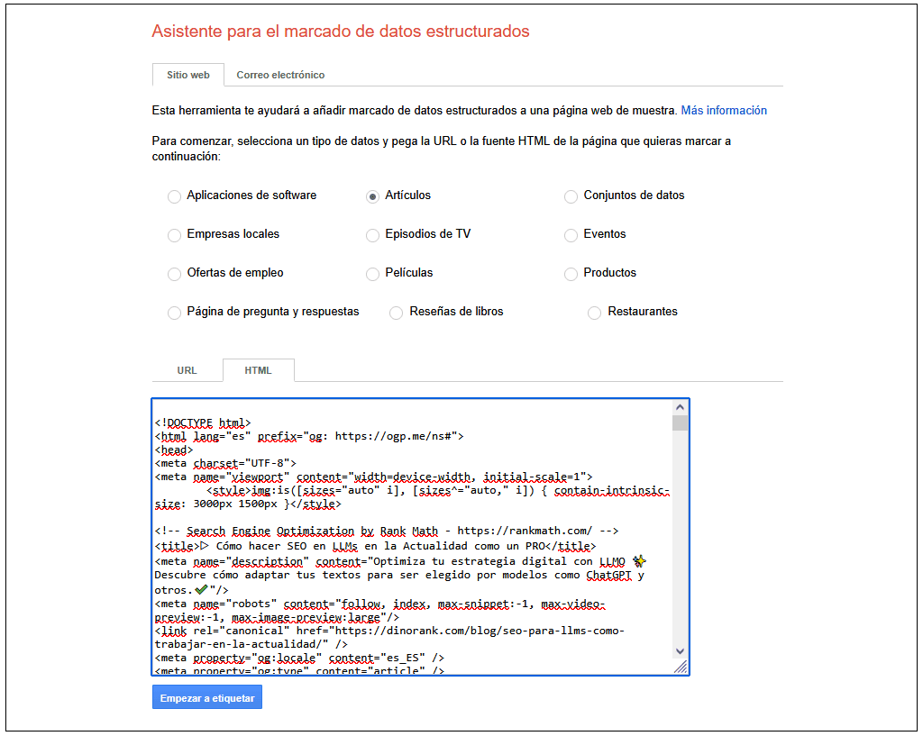 Asistente para el marcado de datos estructurados de Google