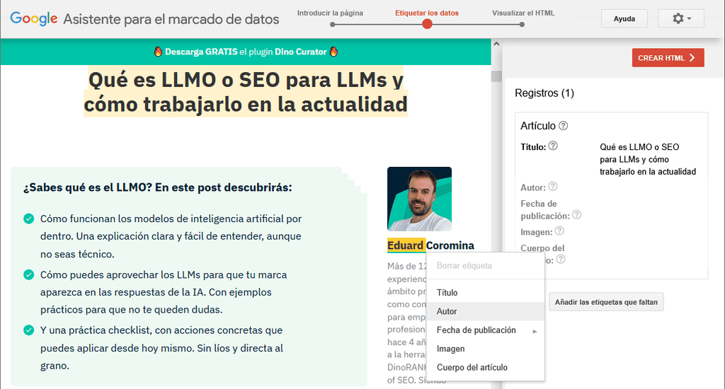 Asistente para el marcado de datos estructurados de Google