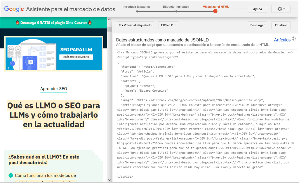 Asistente para el marcado de datos estructurados de Google