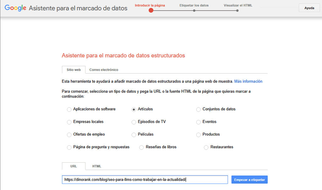 Asistente para el marcado de datos estructurados de Google
