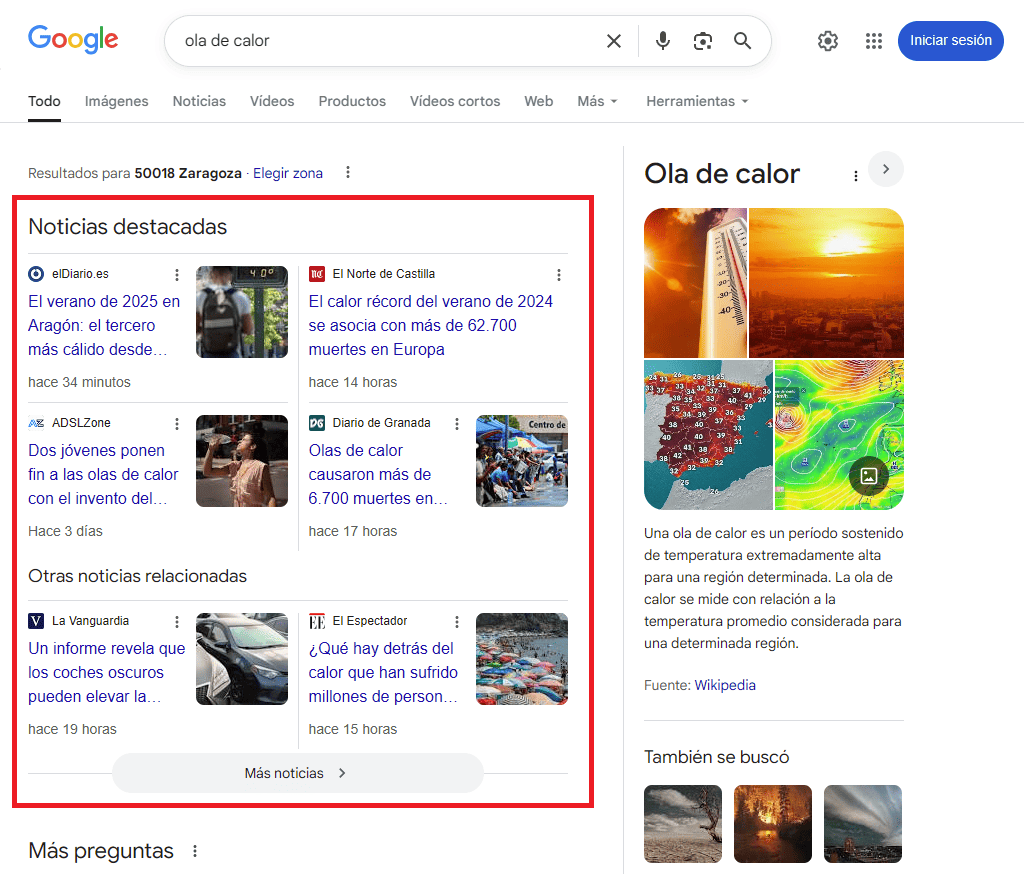 Resultados enriquecidos para datos estructurados de Noticias
