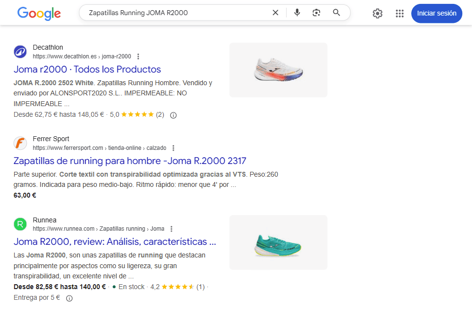 Resultados enriquecidos para datos estructurados de Producto