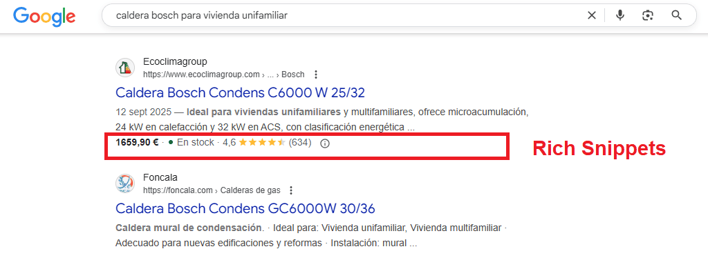 Resultados enriquecidos para datos estructurados de Producto