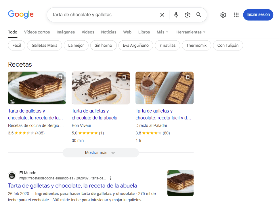 Resultados enriquecidos para datos estructurados de Recetas
