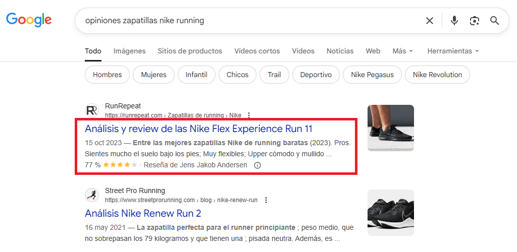 Resultados enriquecidos para datos estructurados de Reviews