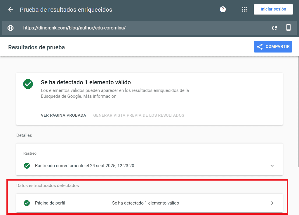 Prueba de resultados enriquecidos de Google