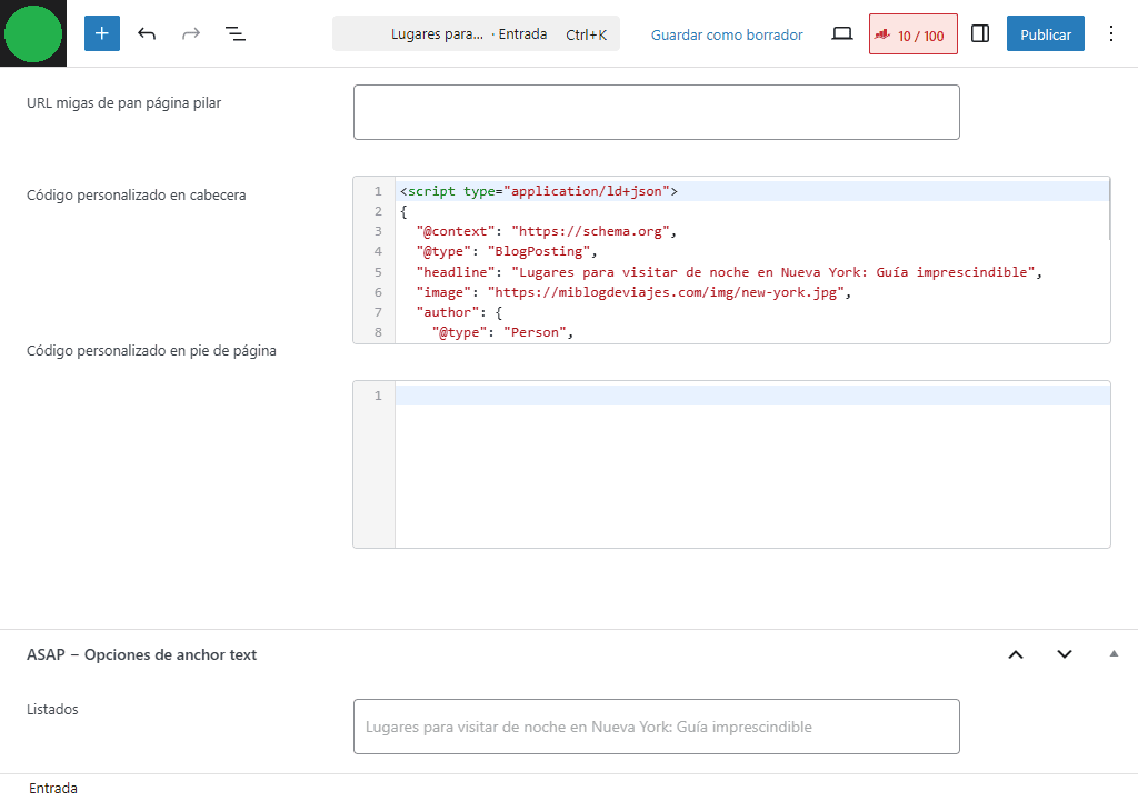 Datos estructurados con temas de WordPress: ejemplo de Asap Theme