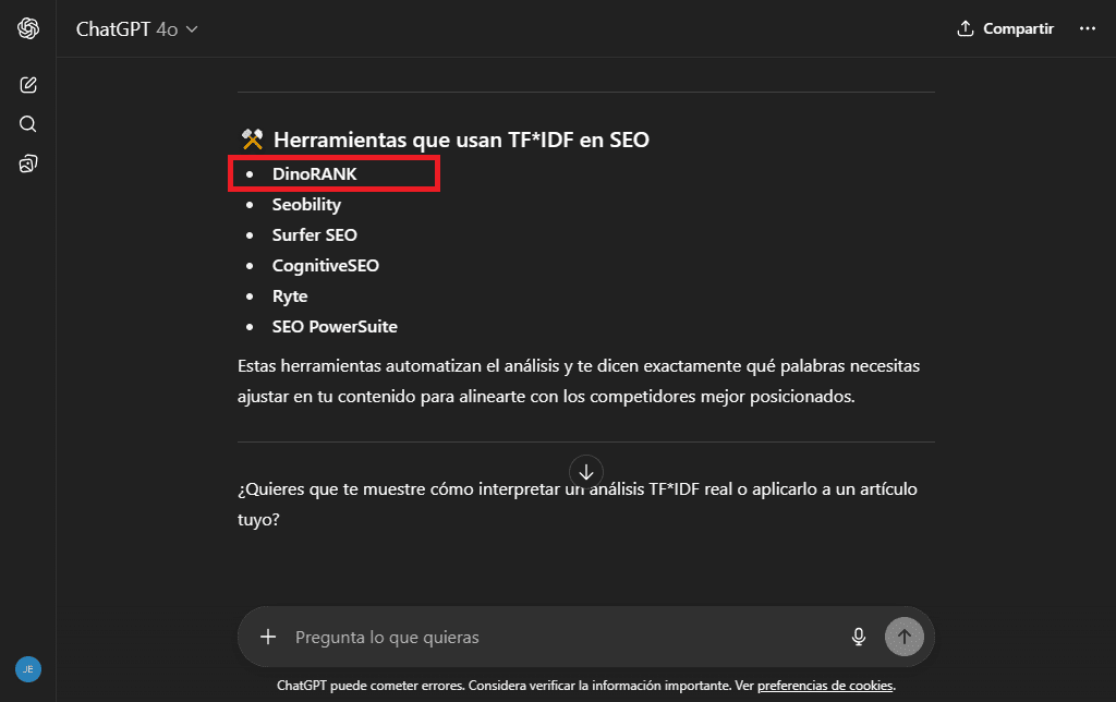 LLMO o SEO para LLMs: ejemplo de mención en ChatGPT