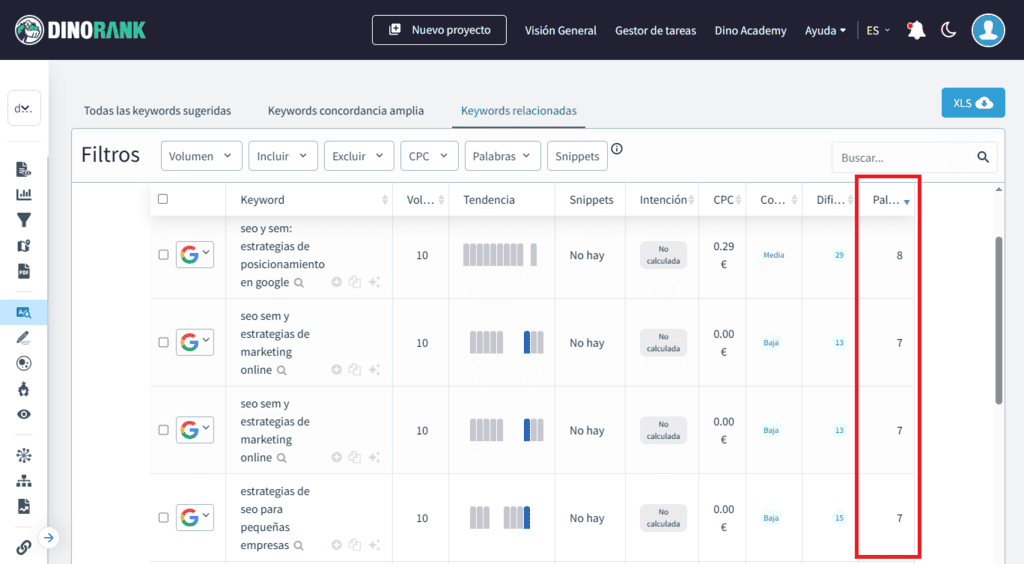 Filtro para detectar palabras clave long tail en el módulo de keyword research de DinoRANK
