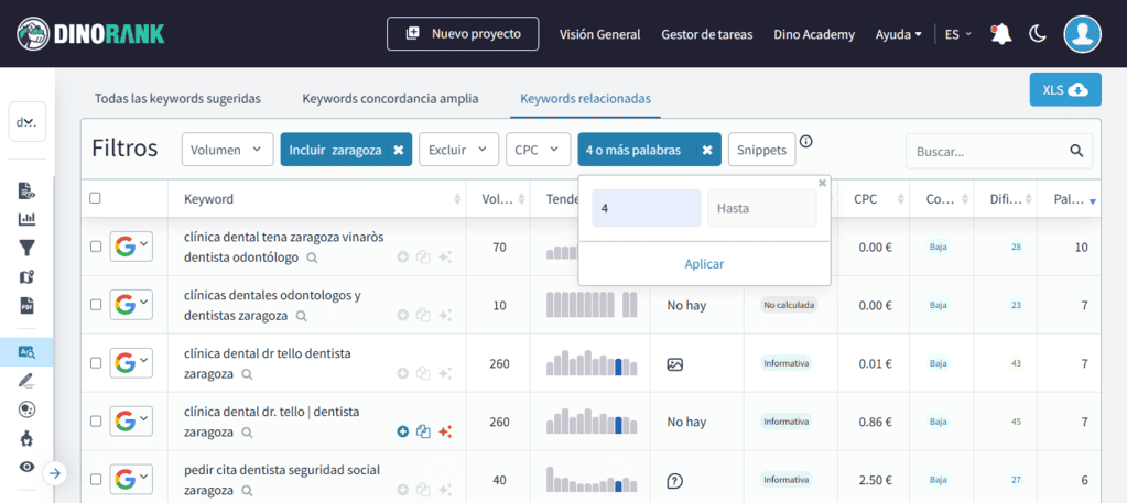 Filtro de palabras clave long tail en el módulo de keyword research de DinoRANK Filtro de palabras clave long tail en el módulo de keyword research de DinoRANK