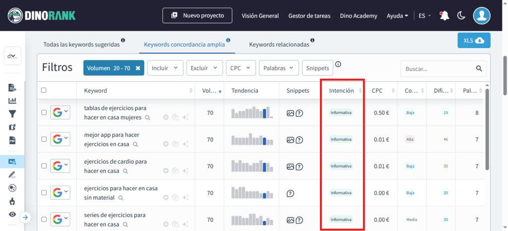 Intención de búsqueda en la tabla del módulo de Keyword Research de DinoRANK