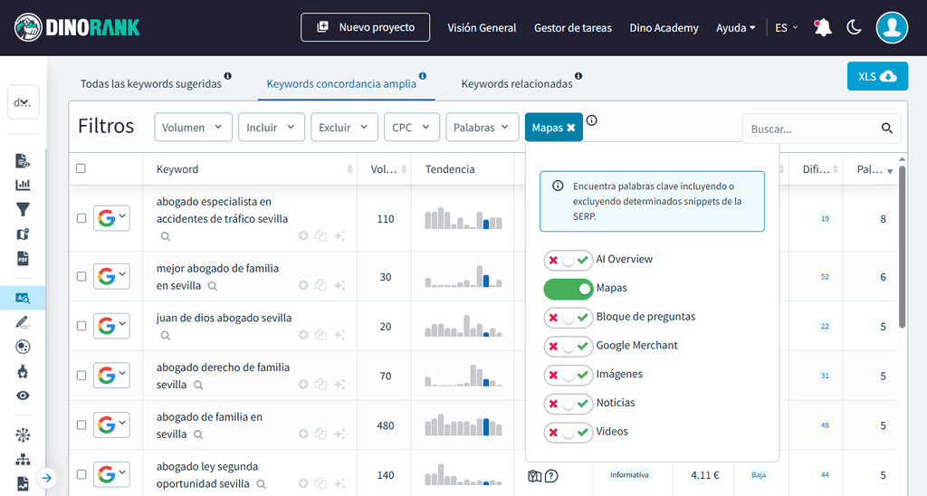 Descubrir palabras clave locales con DinoRANK que activan el Local Pack