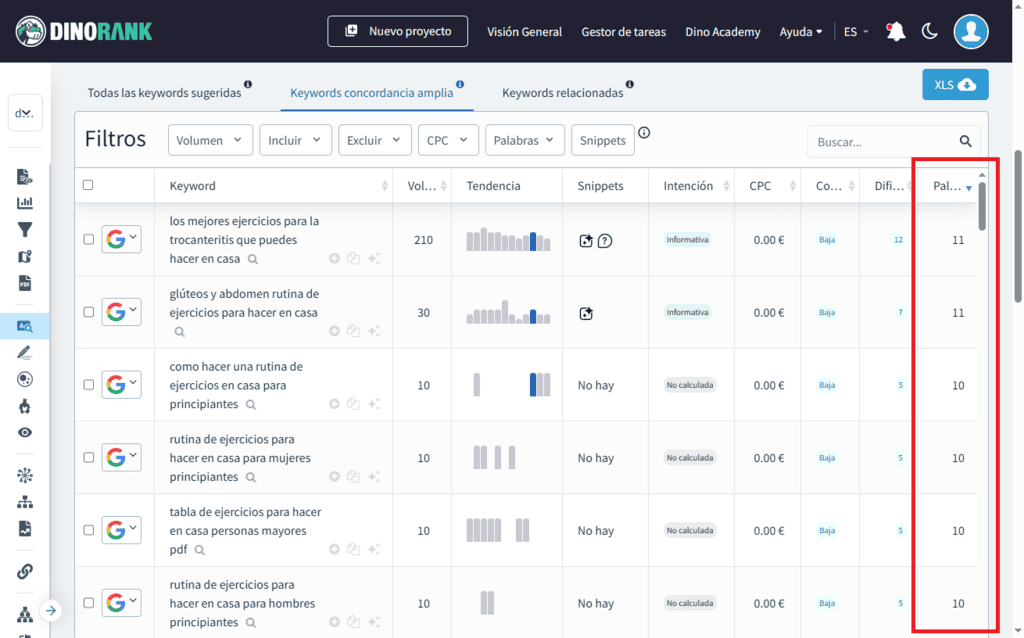 Detectar keywords long tail con el módulo de Keyword Research de DinoRANK