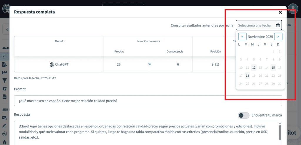 Módulo SEO en LLMs de DinoRANK. Calendario.