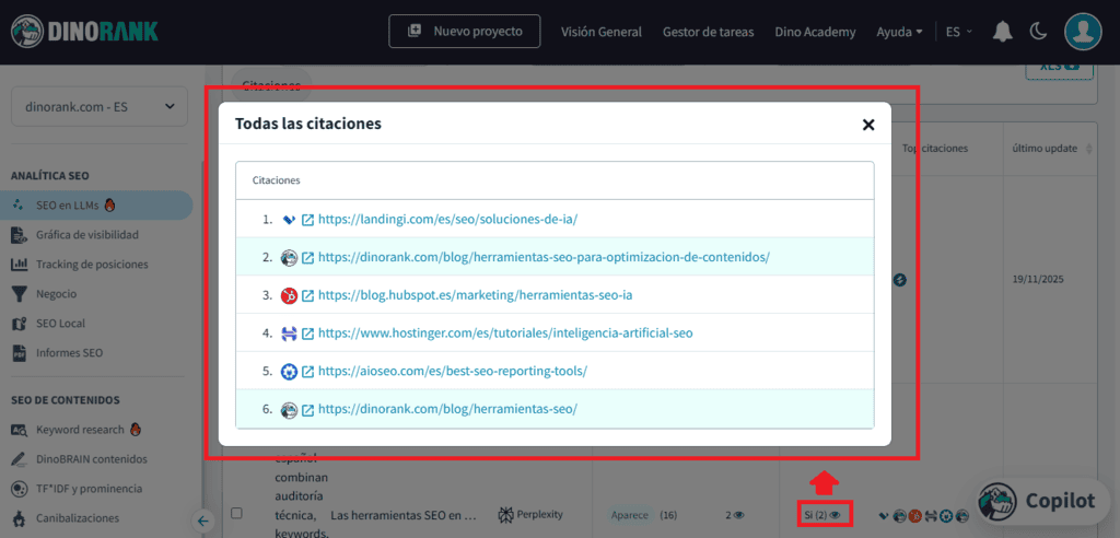 Módulo SEO en LLMs de DinoRANK. Listado citaciones.