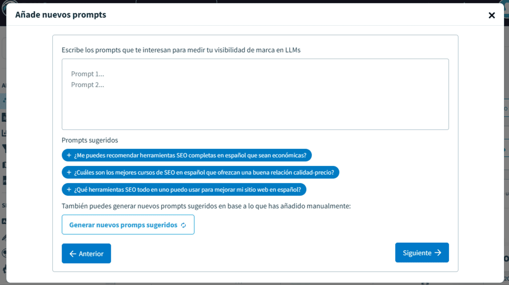 Módulo SEO en LLMs de DinoRANK. Creación de prompts