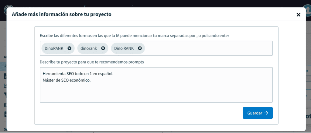 Módulo SEO en LLMs de DinoRANK. Configuración de proyectos y marcas