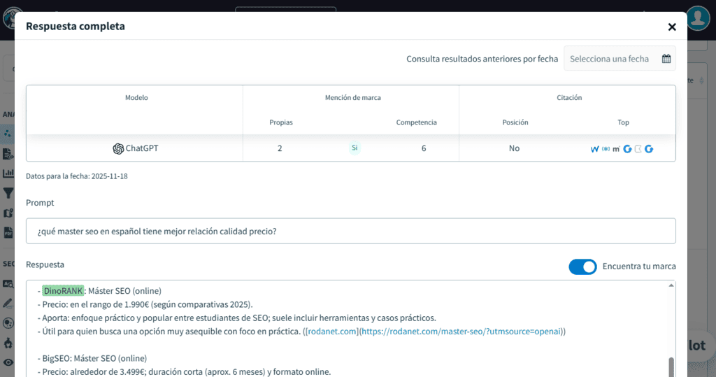Módulo SEO en LLMs de DinoRANK. Detalle de respuestas de LLMs