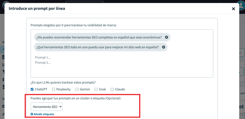 Módulo SEO en LLMs de DinoRANK. Etiquetas