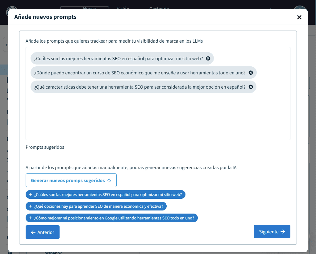 Módulo SEO en LLMs de DinoRANK. Crear prompts