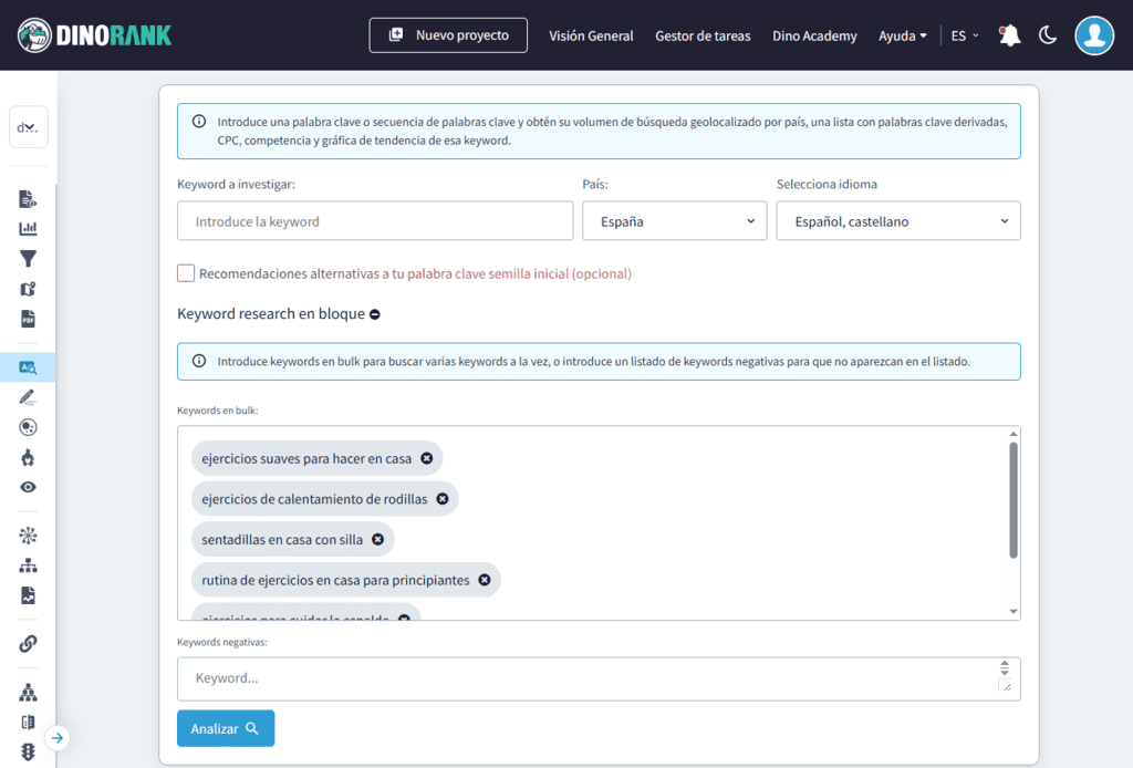 Keyword Research de DinoRANK: búsqueda en bloque