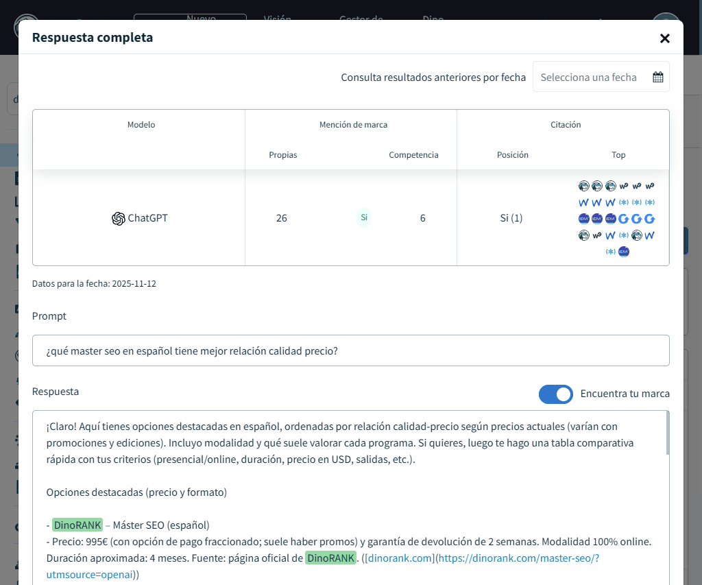 Módulo de SEO en LLMs de DinoRANK: tracking