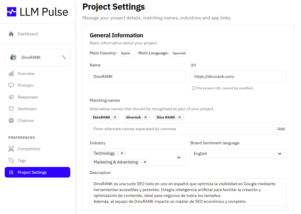 LLM Pulse. Configuración de proyectos y marcas