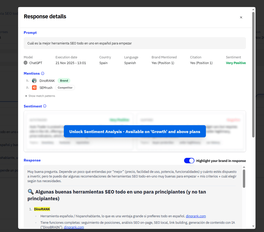 LLM Pulse. Detalle de respuestas de LLMs