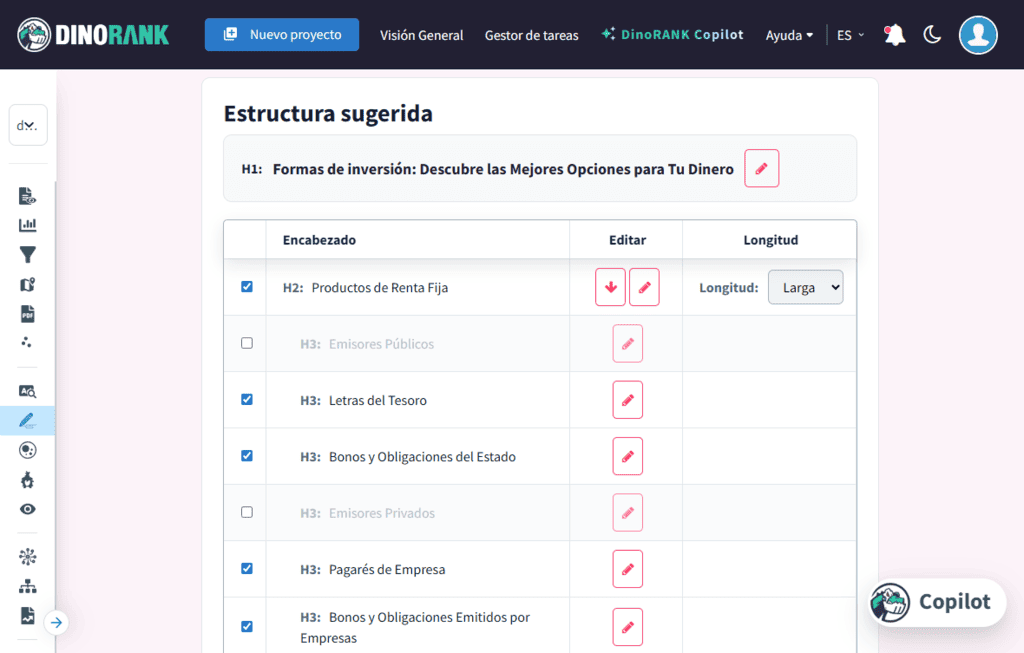 DinoBRAIN Pro: estructura de encabezados