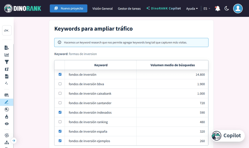 DinoBRAIN Pro: keywords long tail