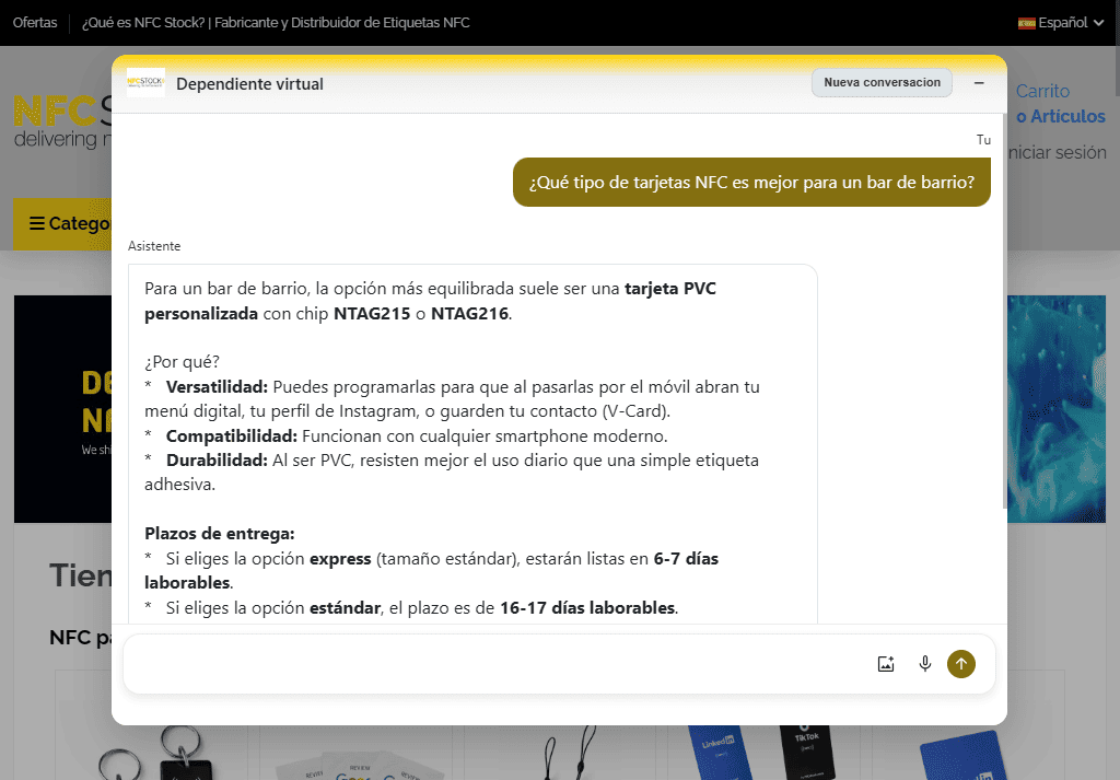 Ejemplo del chatbot de ConverHero funcionando en un eCommerce