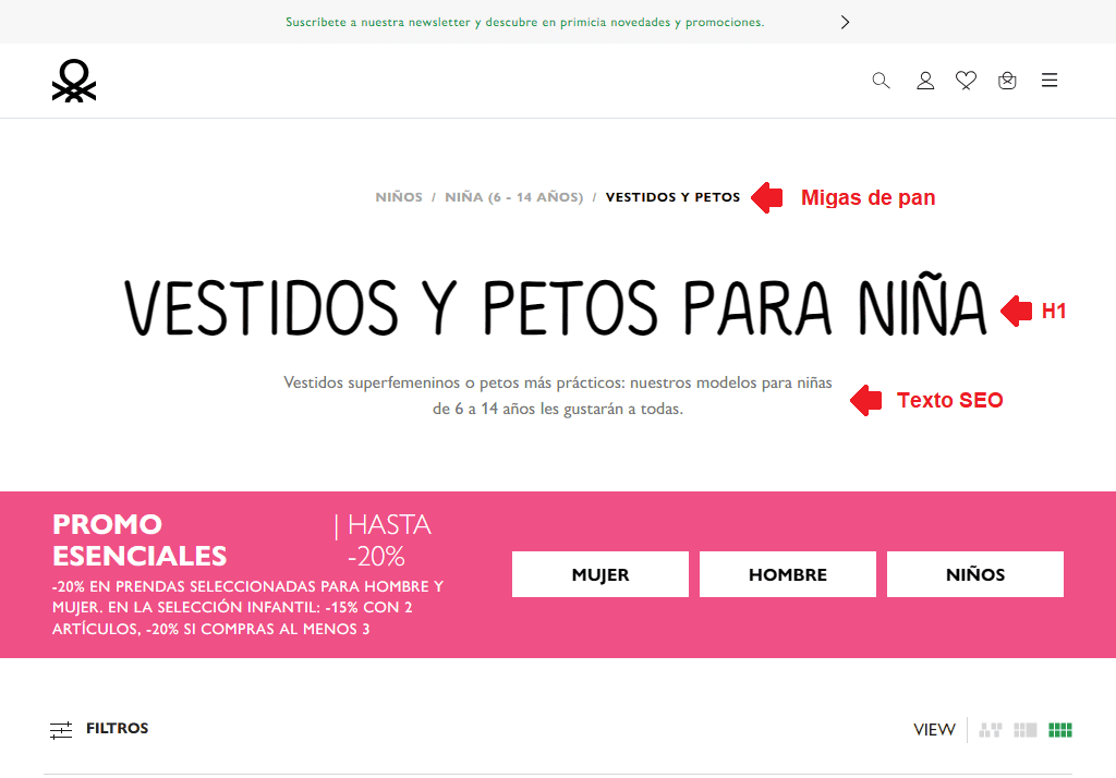 Ejemplo de título, breadcrumbs y texto SEO en una página de categoría de un ecommerce
