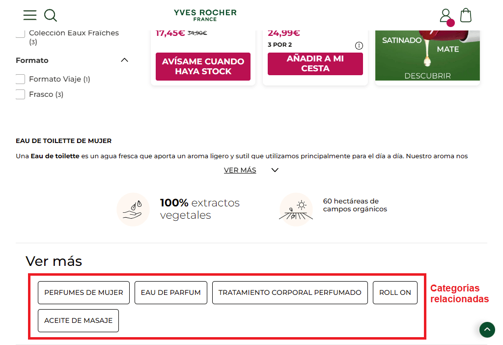 Ejemplo de categorías relacionadas en un ecommerce