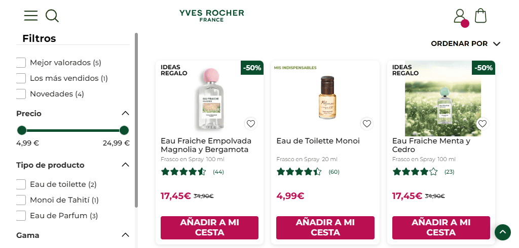 Ejemplo de listado de productos en un ecommerce