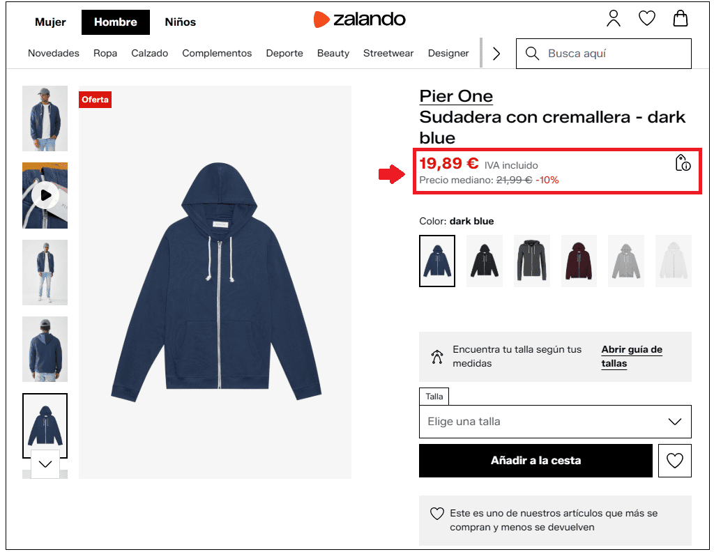 Ejemplo de ficha de producto: Precio