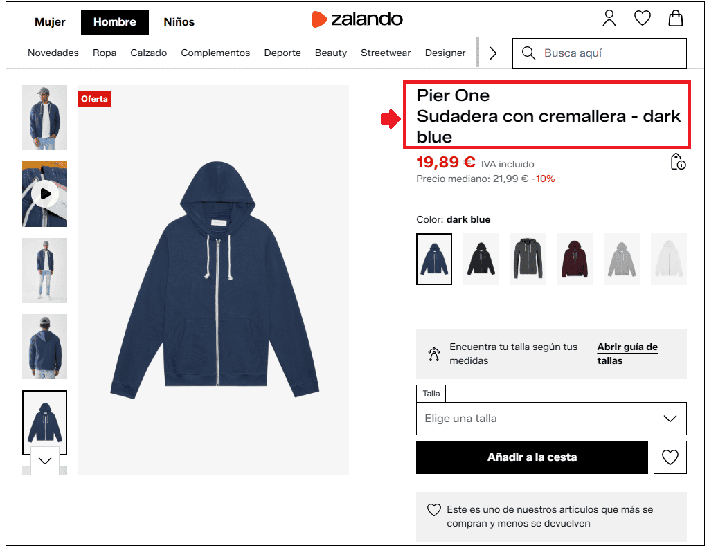 Ejemplo de ficha de producto: Nombre identificativo del producto y marca