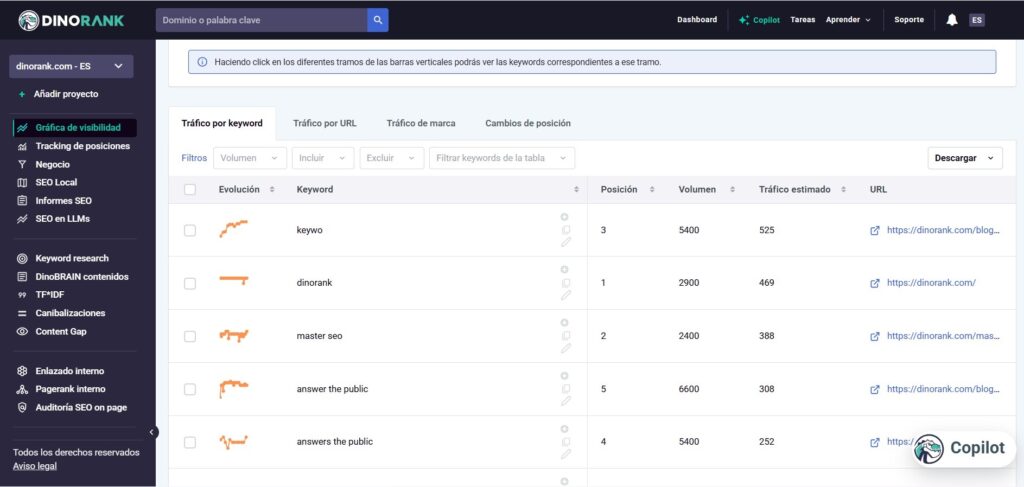 Pestaña 1: tráfico por keyword