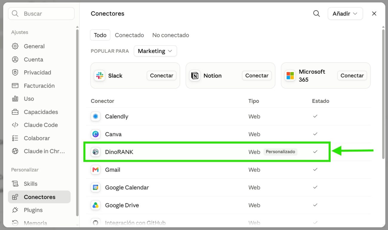 Paso 4: conecta el conector con tu cuenta de DinoRANK