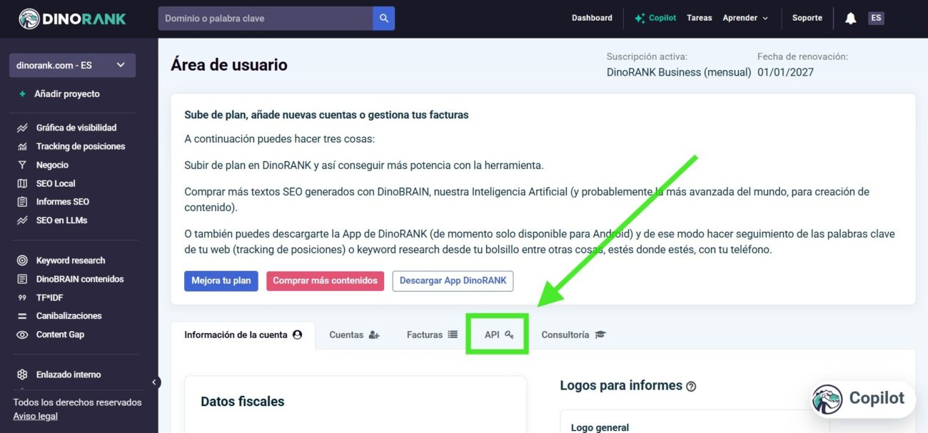 Dentro de tu perfil verás la pestaña API