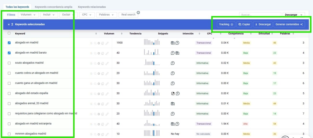 Paso 9: selecciona varias keywords y actúa en bloque