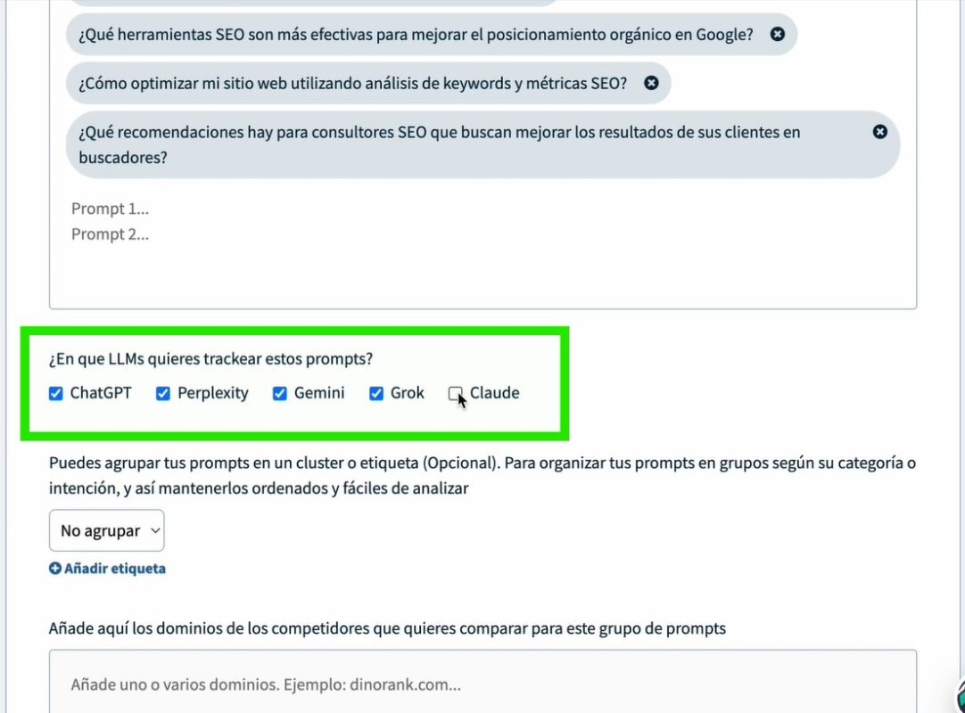 Paso 4: elige los LLMs y añade a tu competencia