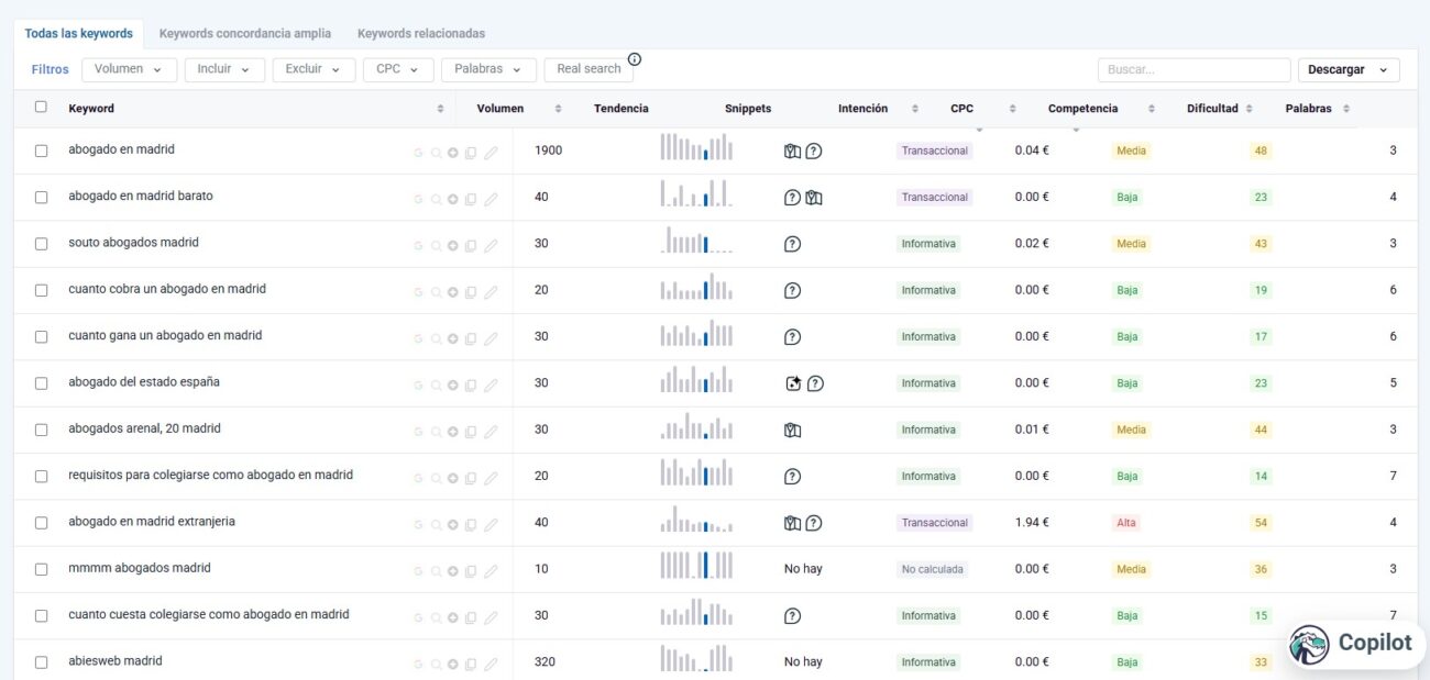 Paso 5: explora las tres pestañas de keywords sugeridas