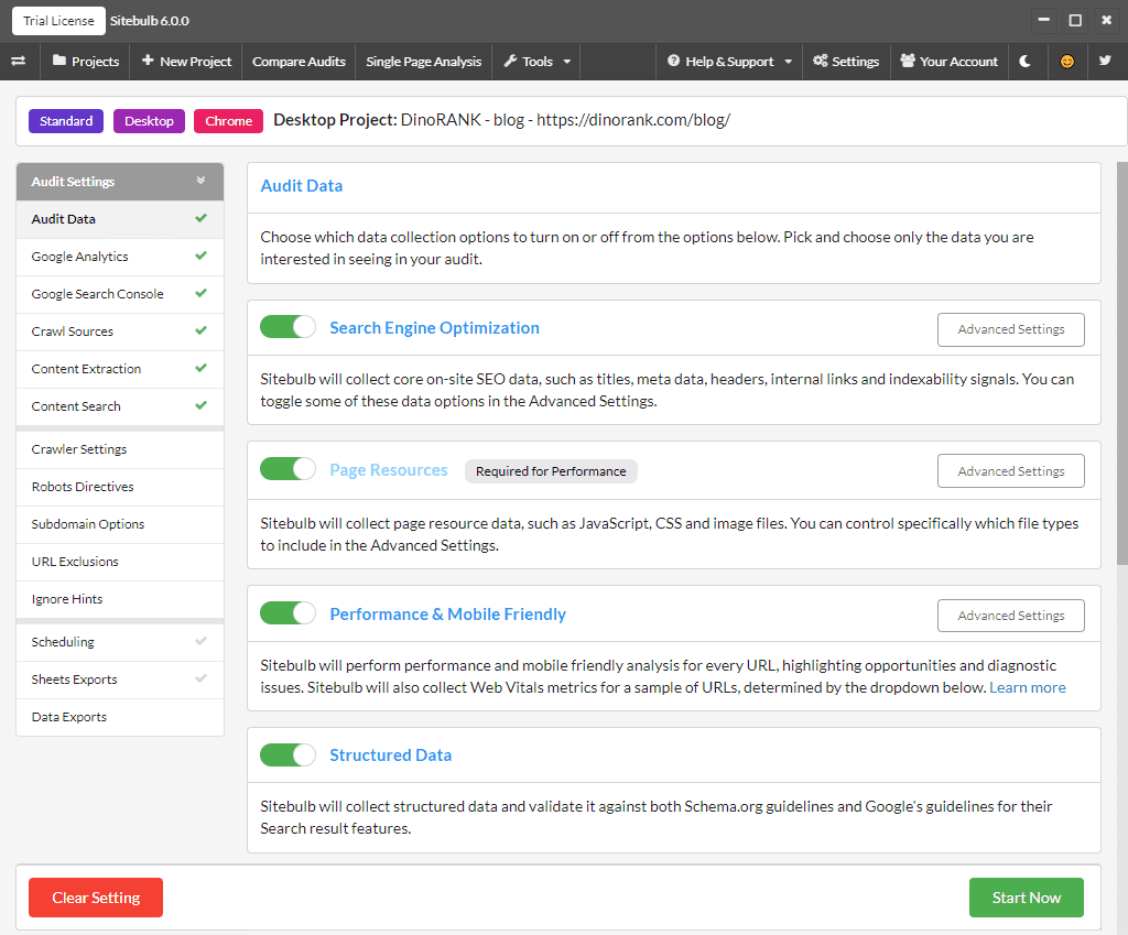 sitebulb-new-project-settings