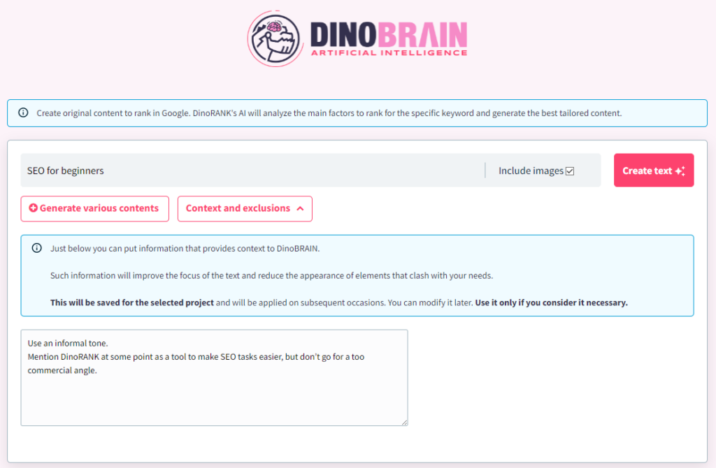 DinoBRAIN, the artificial intelligence for creating text by DinoRANK